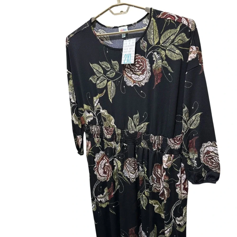 LuLaRoe Evelyn Smocked Waist Maxi Dress 2XL Black Floral Tiered Pockets NWT - Picture 5 of 8